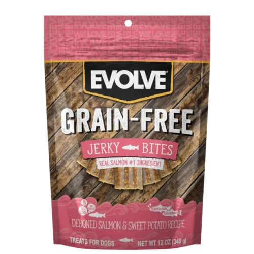 1_3349_EVOLVE_DOG_SNACK_GRAIN_FREE_JERKY_SALMON_800X800 Evolve Dog Snack Grain Free 12 Oz